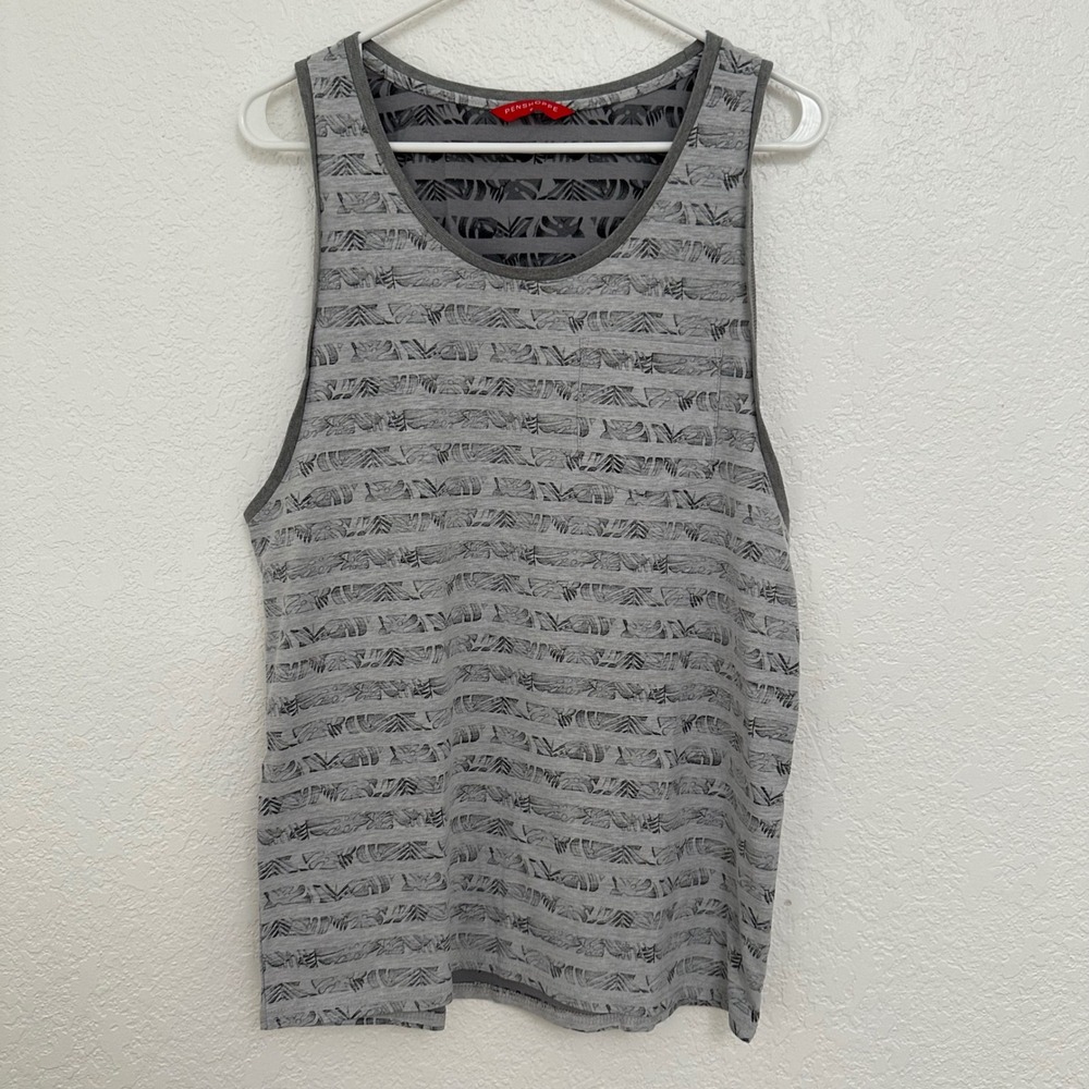 Penshoppe Mens Gray Tribal Leaf Print Tank Top Chest Pocket Size M Sleeveless